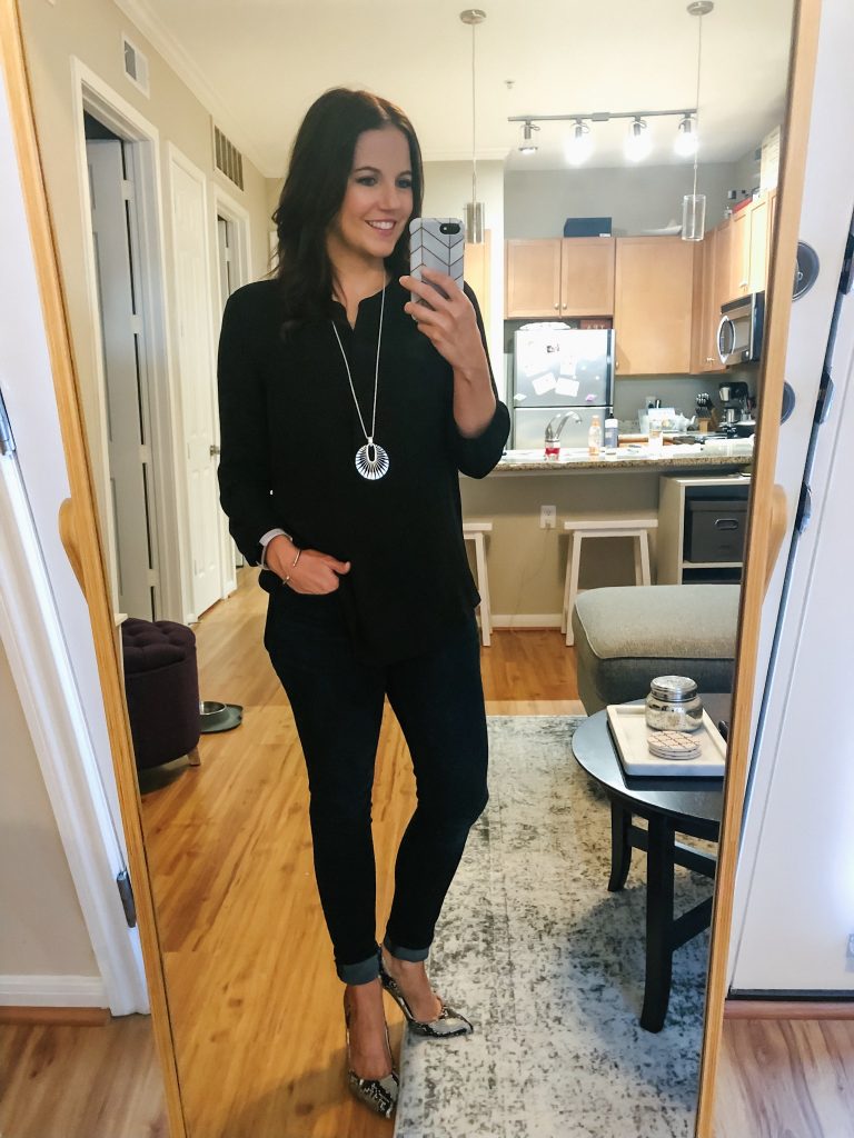 fall casual outfit | black blouse | python heels | Affordable Fashion Blog Lady in Violet