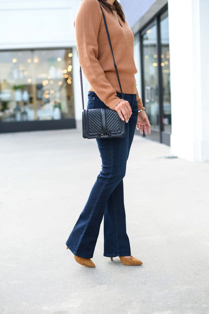 business casual work outfit | dark wash flare jeans | brown suede heels | Petite Fashion Blog Lady in Violet