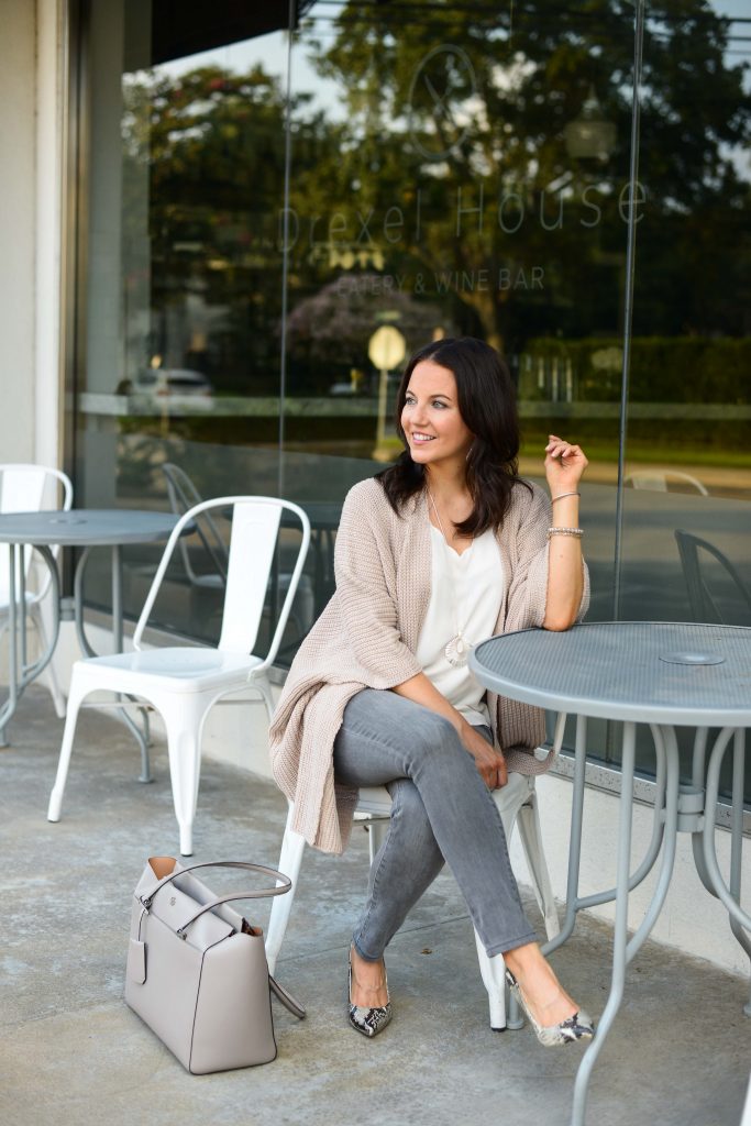 casual fall outfit | gray skinny jeans | snakeskin heels | Houston Fashion Blog Lady in Violet