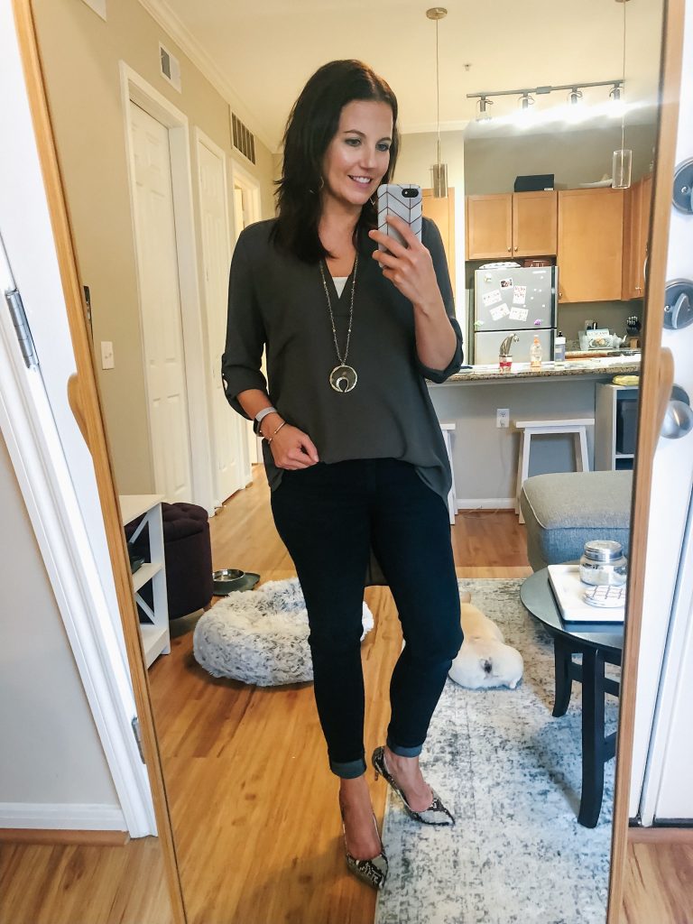 casual fall outfit | olive green tunic top | snakeskin heels | Everyday Fashion Blog Lady in Violet