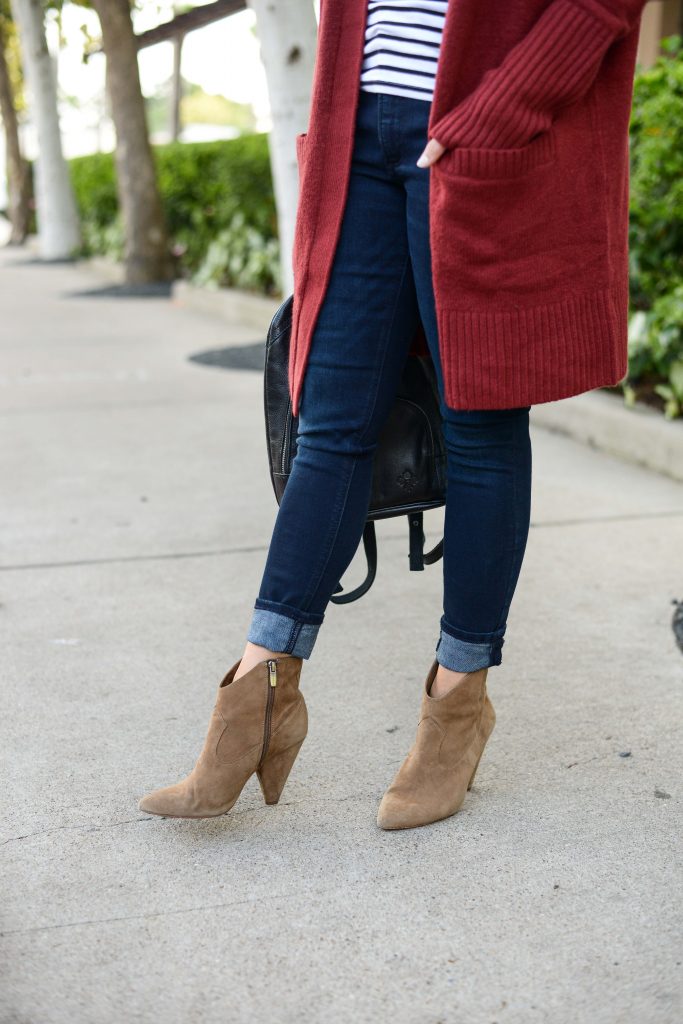 casual outfit | dark wash cuffed jeans | brown suede western booties | Petite Fashion Blog Lady in Violet