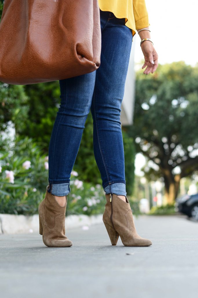 fall casual outfit | cuffed blue jeans | brown suede booties with heel | Everyday Fashion Blog Lady in Violet