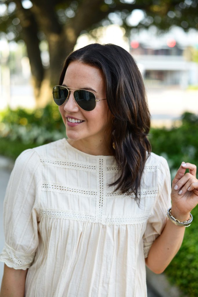 casual outfit | white lace detail blouse | rayban aviator sunglasses | Everyday Fashion Blog Lady in Violet