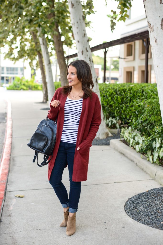 easy fall outfit formula | dark red long cardigan | dark blue skinny jeans | Budget Friendly Fashion Blog Lady in Violet