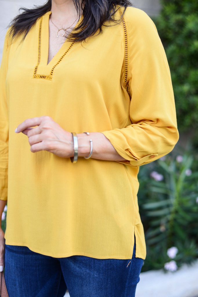 fall fashion | yellow long sleeve blouse | gold bracelet | Casual Fashion Blog Lady in Violet