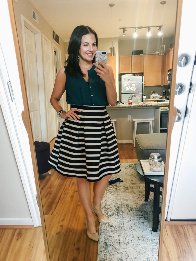 workwear outfit | navy striped skirt | teal sleeveless blouse | Budget Friendly Fashion Blog Lady in Violet