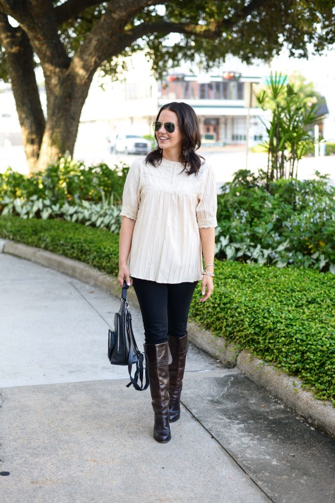 casual fall outfit | ivory flowy top | black skinny jeans | Texas Fashion Blog Lady in Violet