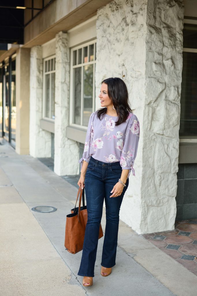 casual work outfit | pastel purple blouse | dark wash bootcut jeans | Budget Friendly Fashion Blog Lady in Violet