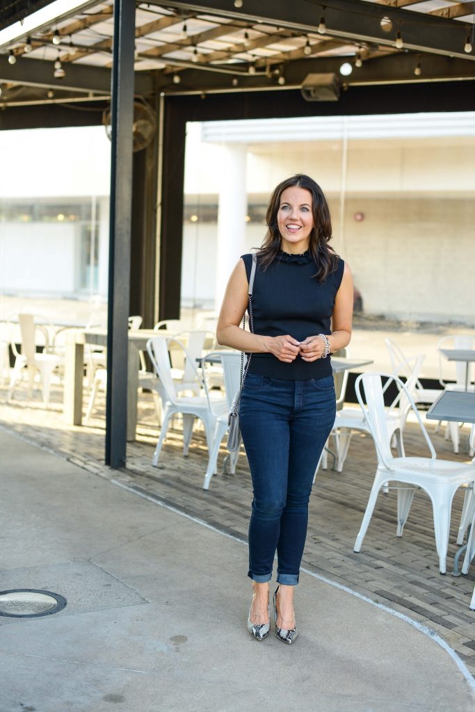 Early fall outfit | black sleeveless turtleneck sweater | snakeskin pumps | Everyday Fashion Blog Lady in Violet