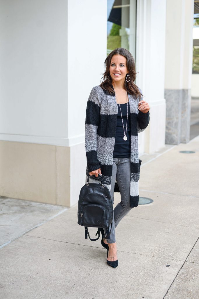 fall casual outfit | big stripes cardigan | black leather backpack | Texas Fashion Blogger Lady in Violet