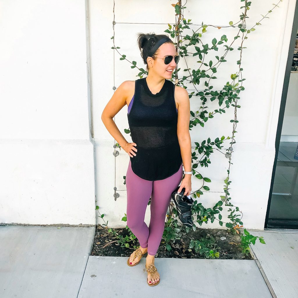 what to wear to spin class | mesh black tank top | pink lululemon leggings | Houston Fashion Blog Lady in Violet