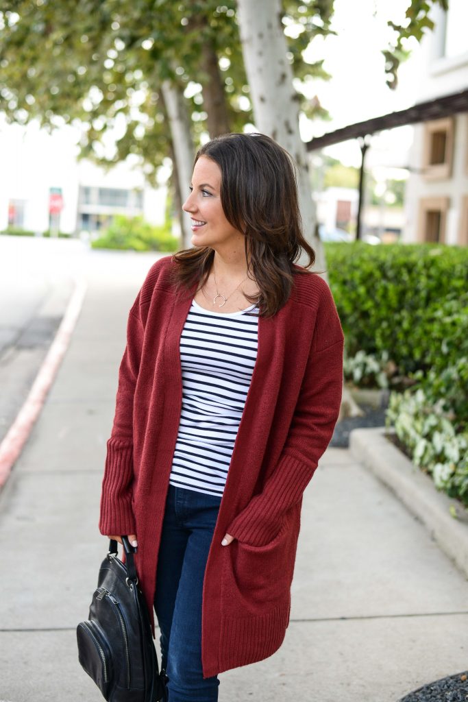 fall fashion | long cardigan sweater over striped tank top | Texas Fashion Blog Lady in Violet