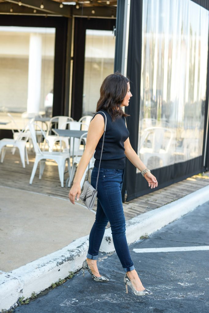 fall outfit | dark wash jeans | sleeveless turtleneck sweater top | Budget Friendly Fashion Blog Lady in Violet