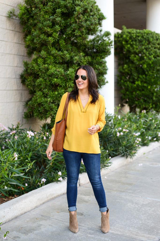 fall outfit | dark yellow top | cuffed skinny jeans | Petite fashion Blogger Lady in Violet