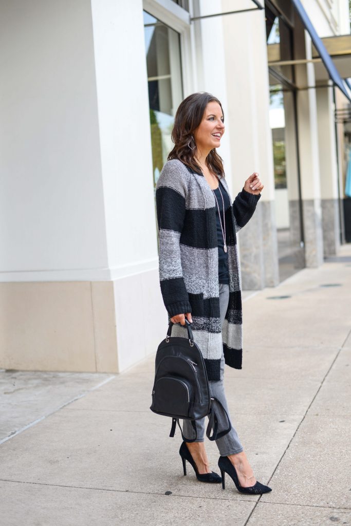 winter casual outfit | striped long cardigan | black leather backpack purse | Popular Fashion Blog Lady in Violet