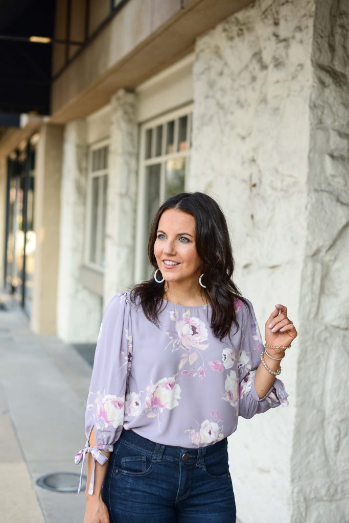 casual fall outfit | light purple floral top | white earrings | Popular Fashion Blog Lady in Violet