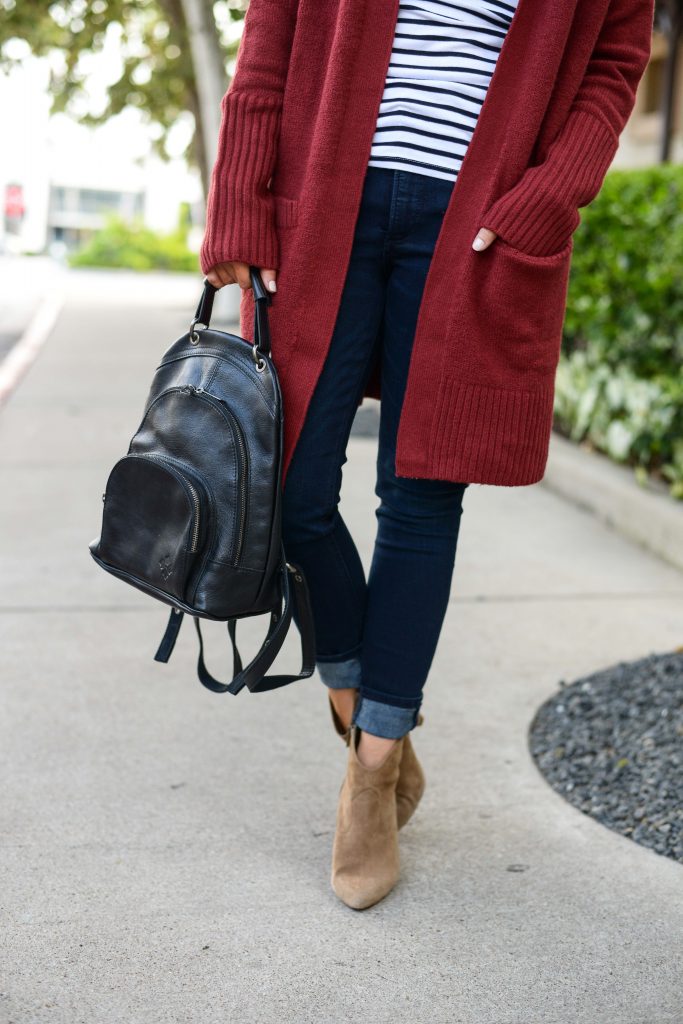 fall outfit | black leather backpack purse | dark wash skinny jeans for petites| Casual Fashion Blog Lady in Violet