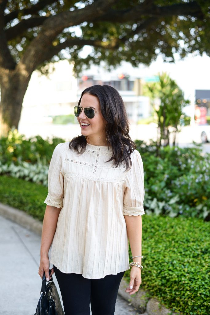 fall outfit | off white top | rayban aviators | Petite Fashion Blog Lady in Violet