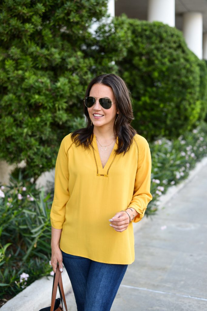 womens casual fashion | yellow blouse | rayban aviator sunglasses | Budget Friendly Fashion Blog Lady in Violet