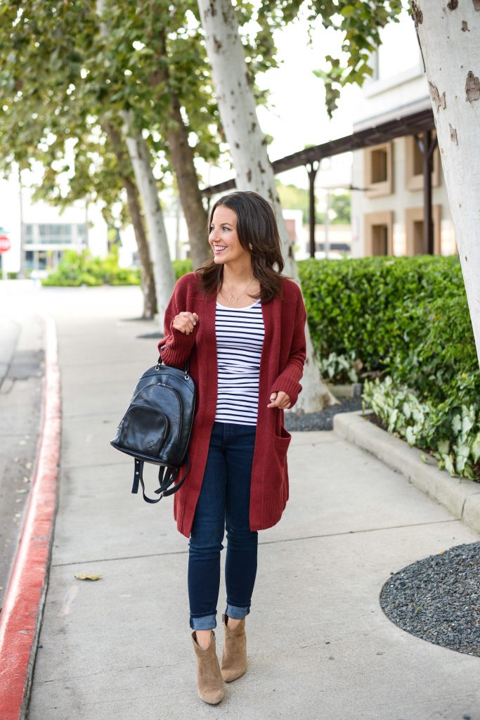 affordable fall outfit idea | long red cardigan | brown booties | Popular Fashion Blog Lady in Violet