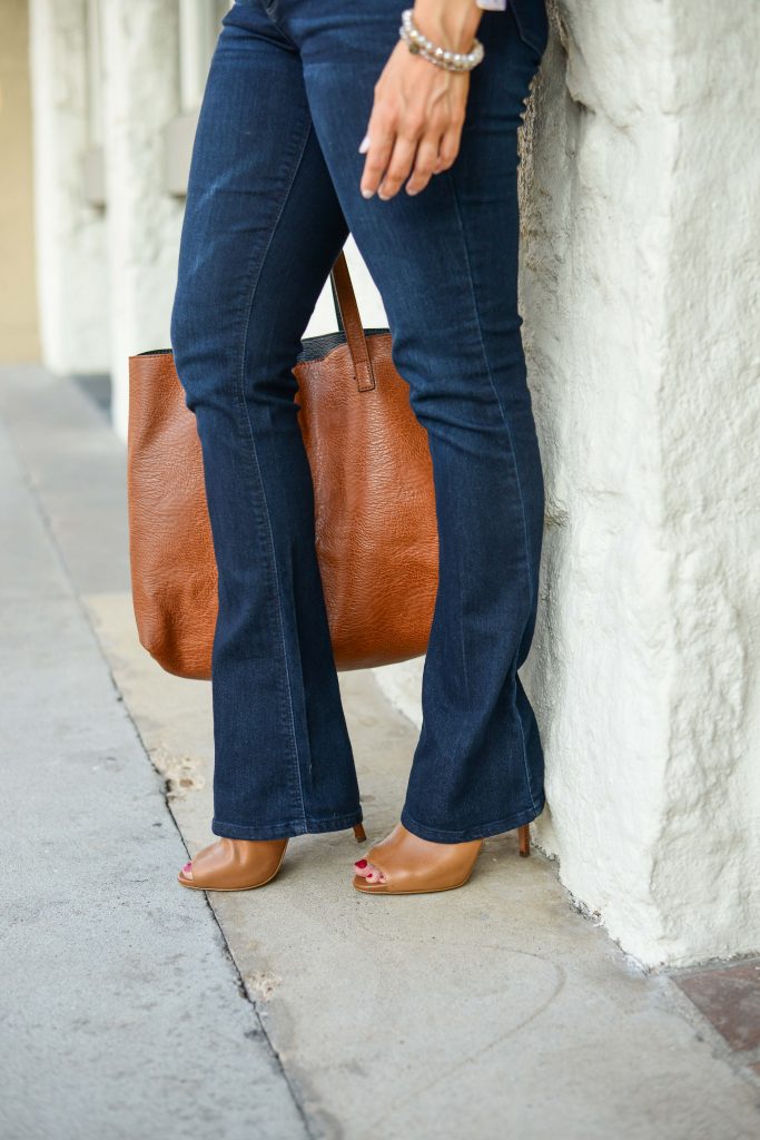 casual fall outfit | dark wash flared jeans | brown heeled booties | Casual Fashion Blog Lady in Violet