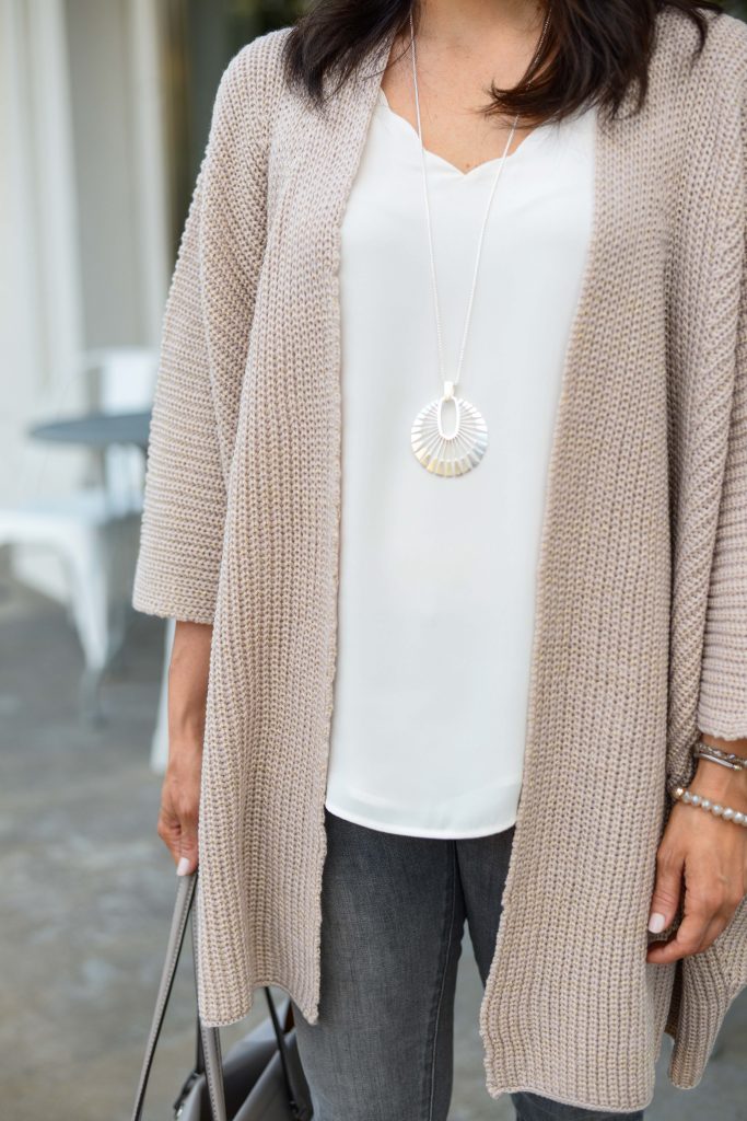 casual spring outfit | blush pink cardigan | long silver pendant necklace | Affordable Fashion Blog Lady in Violet