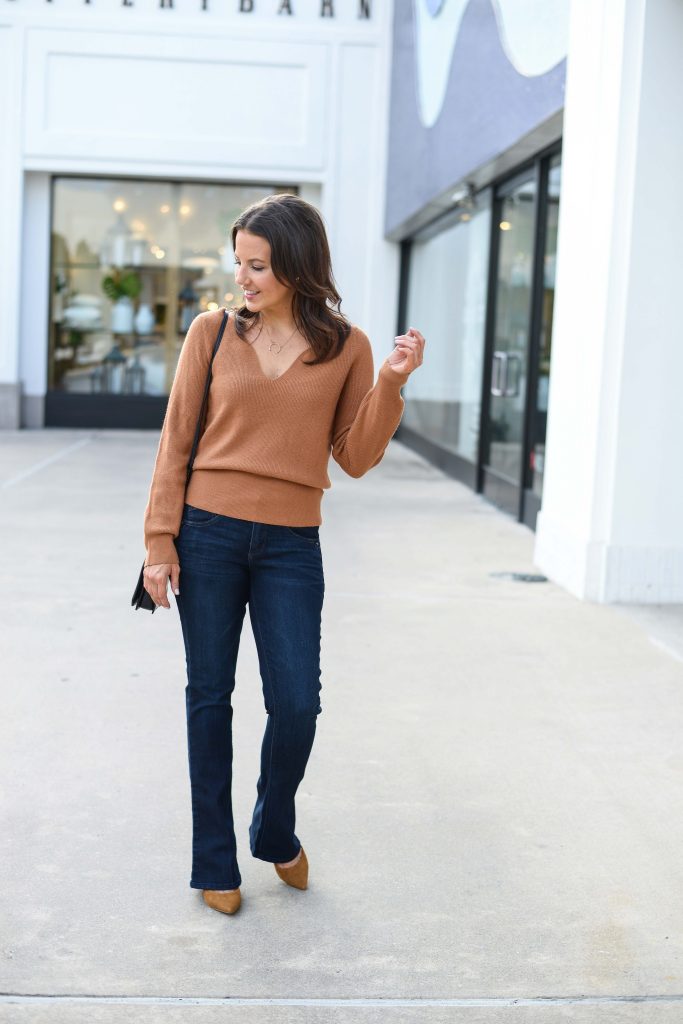 fall outfits | light brown sweater | dark wash flare jeans | Popular Fashion Blog Lady in Violet