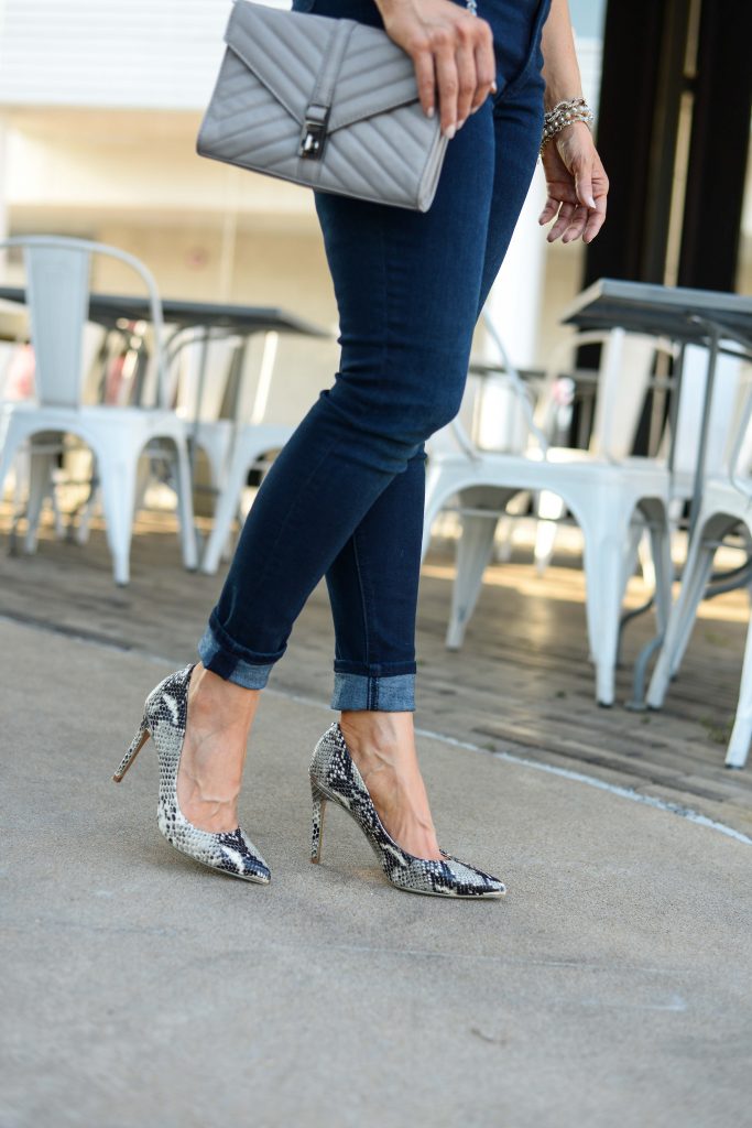 fall outfits | snakeskin heels | dark wash high waisted jeans | Petite Fashion Blog Lady in Violet