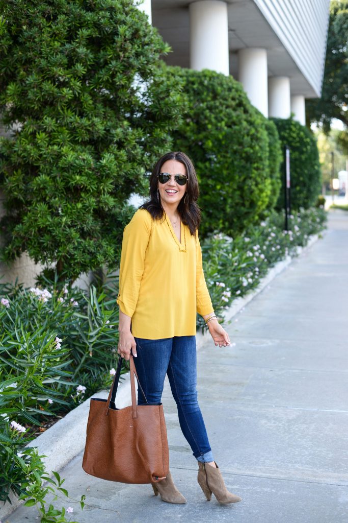 fall outfit | yellow long sleeve top | brown tote bag | Houston Fashion Blogger Lady in Violet