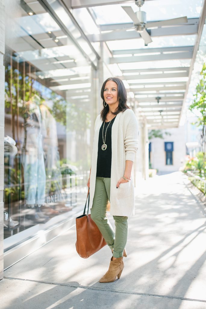 Long Cardigan Outfit with Crop Utility Pants  How to wear cardigan, Olive  pants outfit, Olive green pants outfit