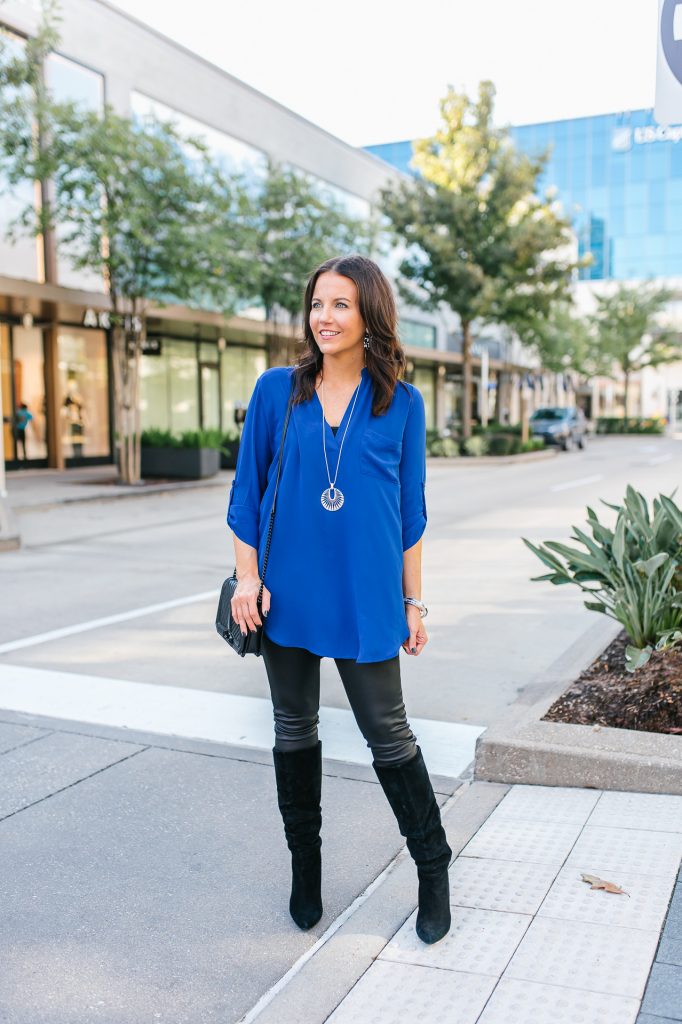 Blue Tunic Top + Faux Leather Leggings, Lady in Violet, Fashion Blog