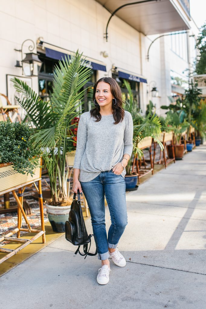 cute fall outfit | gray twist waist top | pink converse sneakers | Affordable Fashion Blog Lady in Violet