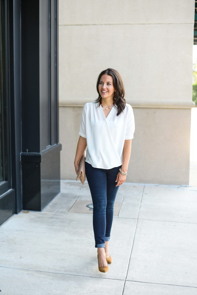 fall outfit | white wrap blouse | dark wash jeans | Affordable Fashion Blog Lady in Violet