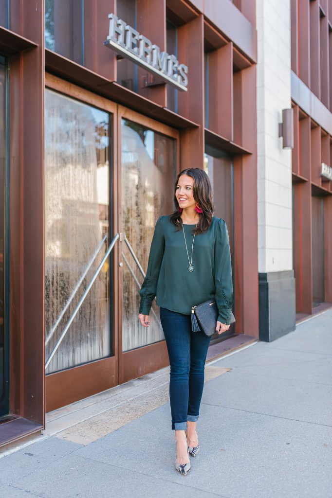 thanksgiving outfit idea | dark green blouse | snakeskin heels | Affordable Fashion Blog Lady in Violet