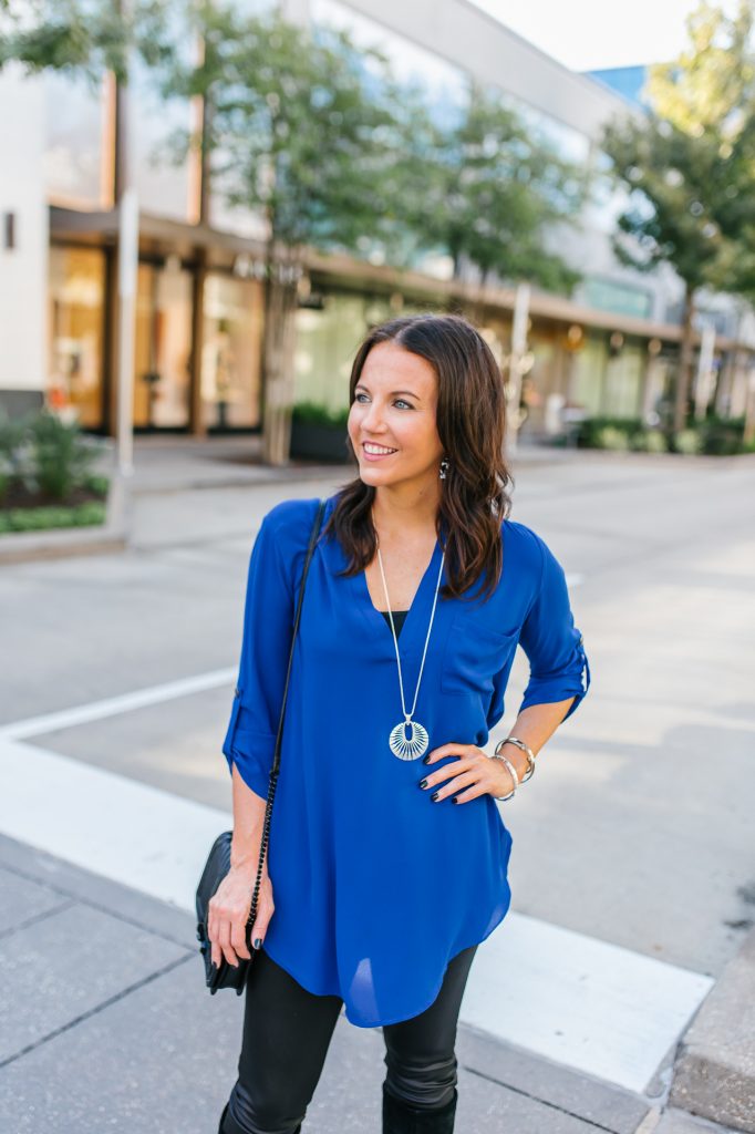 casual outfit | blue tunic blouse | silver pendant necklace | Houston Fashion Blogger Karen Kocich