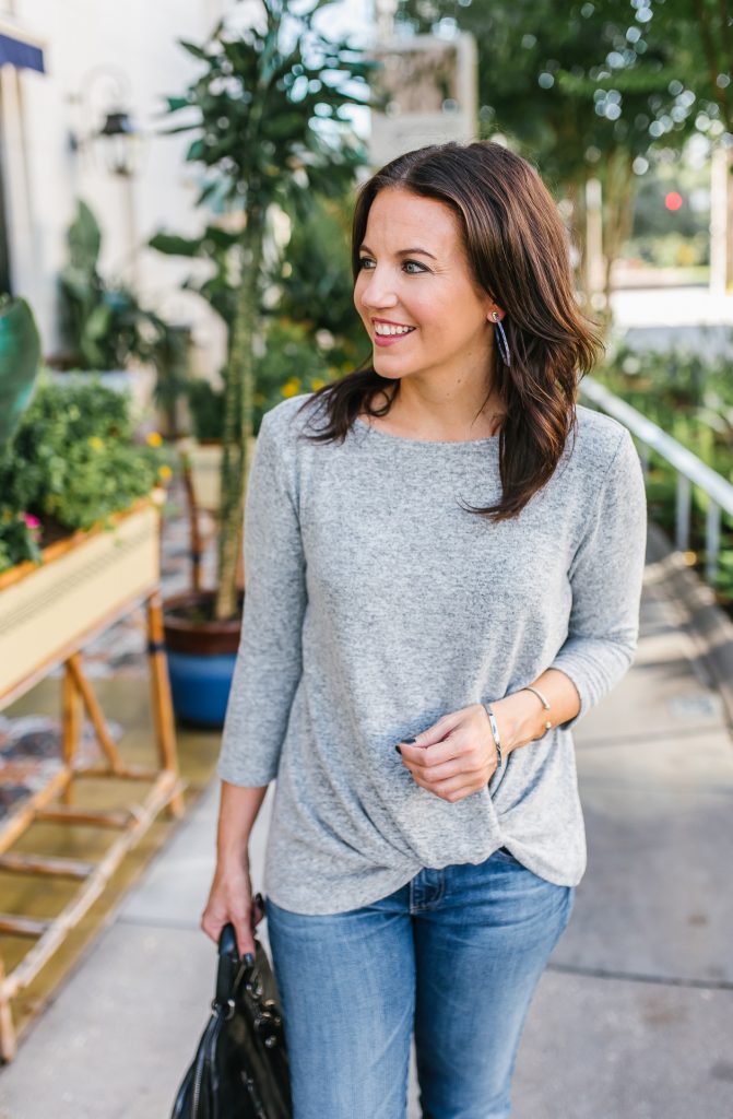 casual outfit | lightweight gray tee | blue hoop earrings | Houston Fashion Blog Lady in Violet