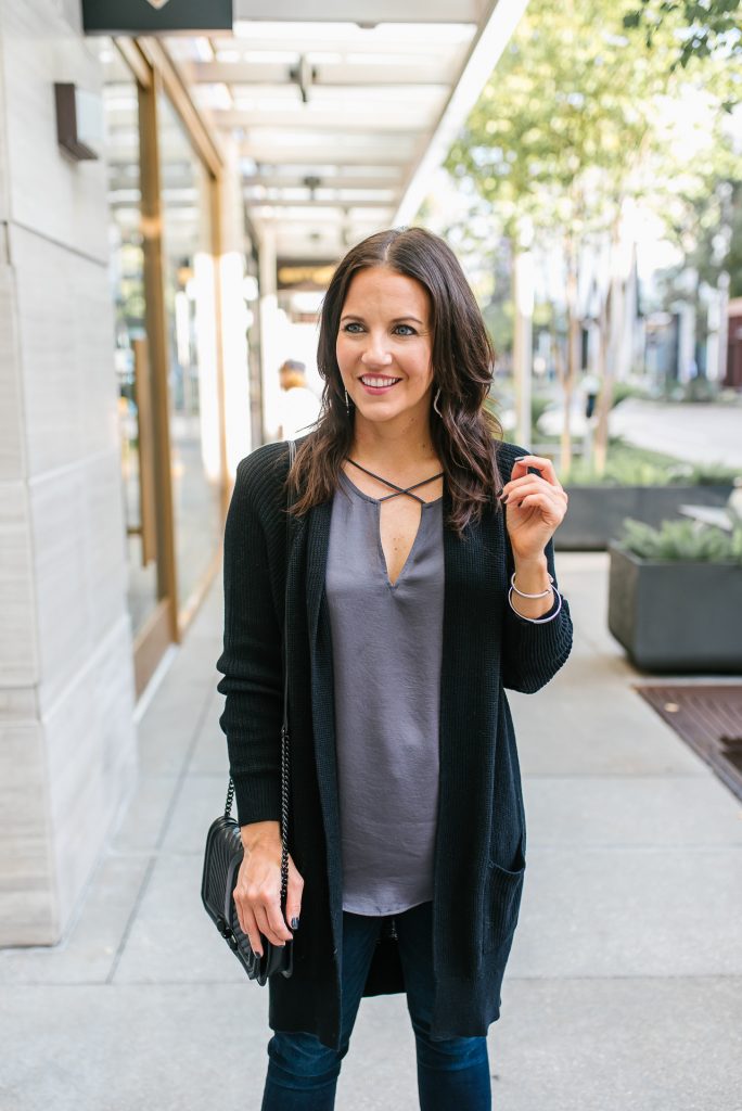 layered fall outfit | black cardigan | satin cross neck blouse | Houston Fashion Blogger Lady in Violet