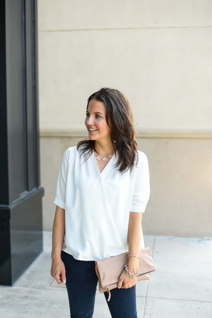 spring outfit | white wrap short sleeve top | pink statement necklace | Houston Fashion Blog Lady in Violet