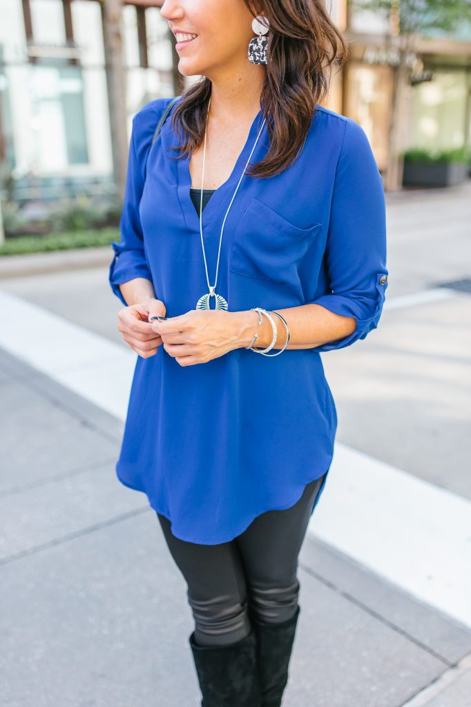 casual fall outfit | long blue blouse | black leather leggings | Everyday Fashion Blog Lady in Violet