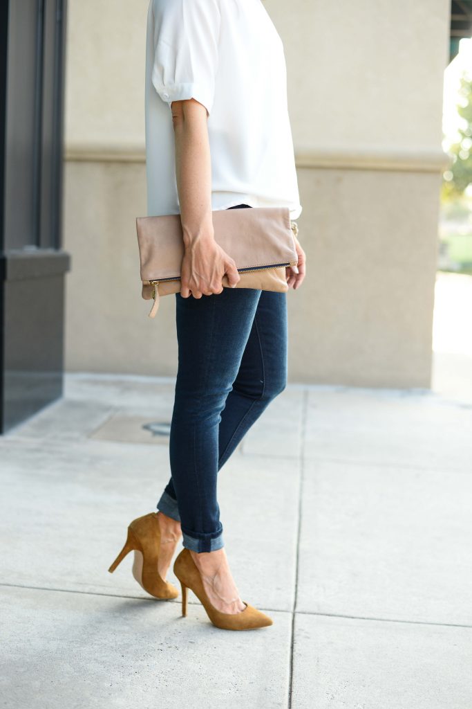 dressy casual outfit | tan brown suede heels | cuffed skinny jeans | Petite Fashion Blog Lady in Violet