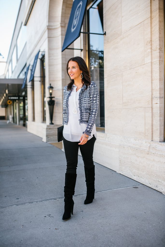 date night outfit | blue open front jacket | black skinny jeans | Texas Fashion Blog Lady in Violet