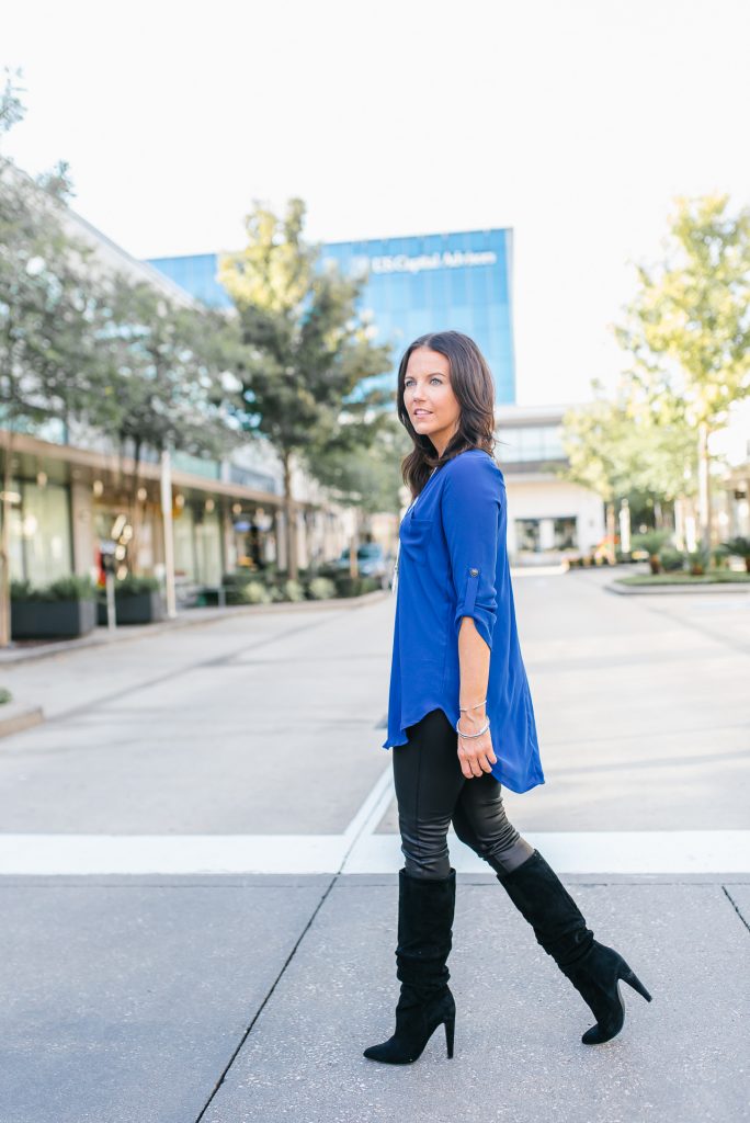 date night outfit | long blue top | black faux leather leggings | Petite Fashion Blog Lady in Violet