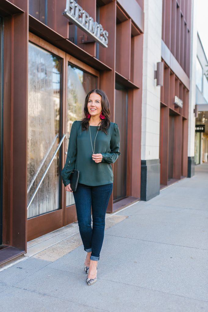 fall outfit | hunter green long sleeve top | snakeskin heels | Everyday Fashion Blog Lady in Violet