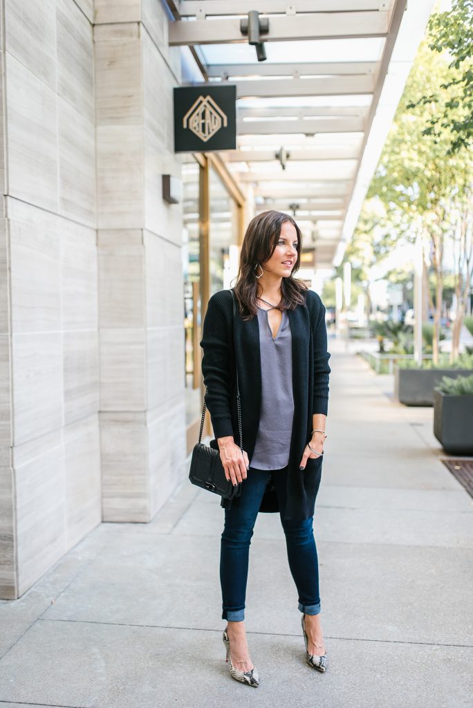 casual fall outfit | black cardigan layered over satin gray top | Southern Fashion Blog Lady in Violet