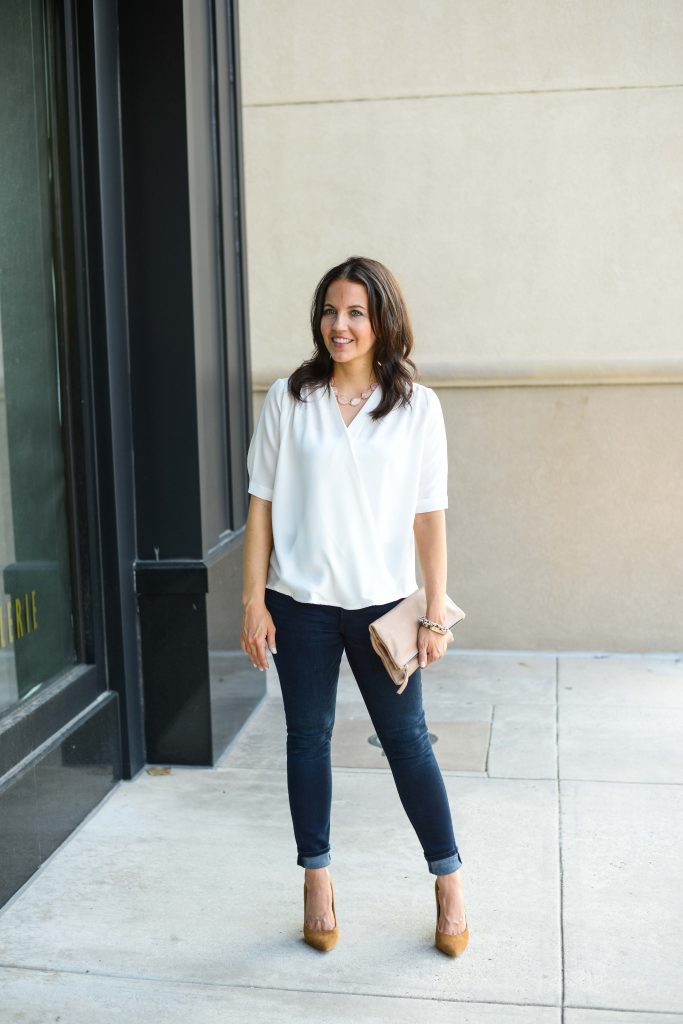 casual fall outfit | white wrap blouse | dark wash skinny jeans | Budget Friendly Fashion Blog Lady in Violet