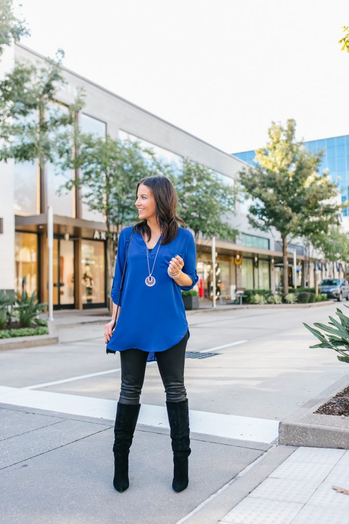 Fall outfit | blue tunic top | suede boots | Causal Fashion Blog Lady in Violet