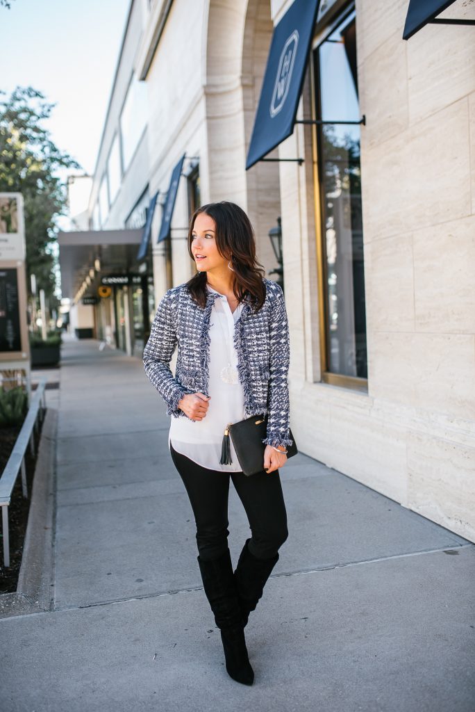 fall outfit | dark blue tweed crop jacket | black slouchy boots | Petite Fashion Blog Lady in Violet