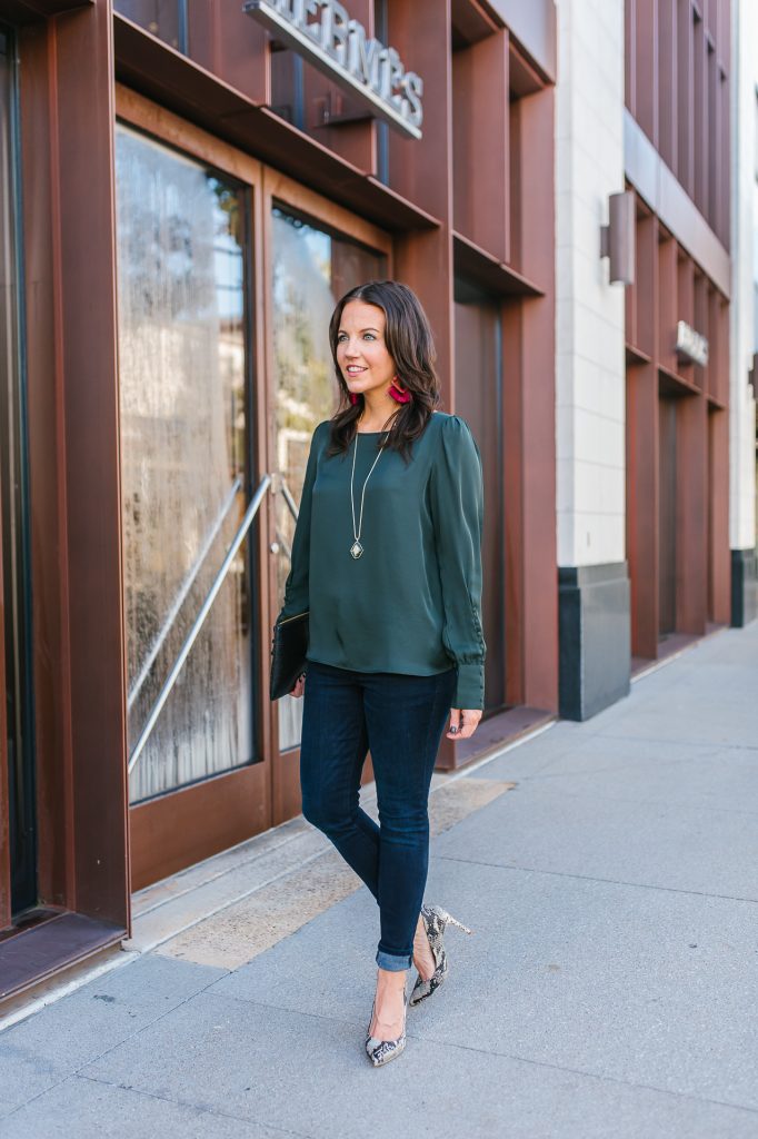 holiday outfit idea with heels | dark green button sleeve blouse | stone necklace | Texas Fashion Blog Lady in Violet