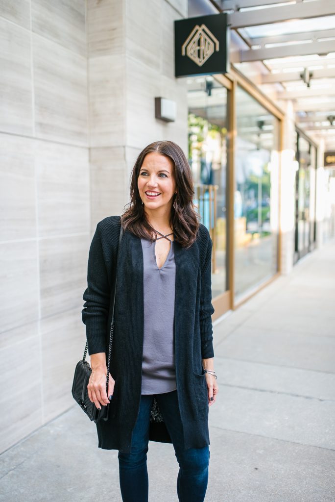 casual layered outfit | long black cardigan | dark gray top | Texas Fashion Blogger Lady in Violet