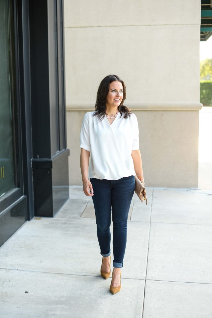 casual outfit | white short sleeve blouse | high waisted skinny jeans | Popular Fashion Blog Lady in Violet